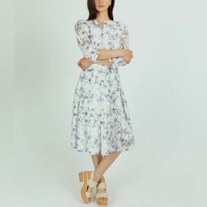 Nora Noh Indigo Pansy Dress Women’s Size 12 Floral 3D Midi 3/4 Sleeve Split Neck